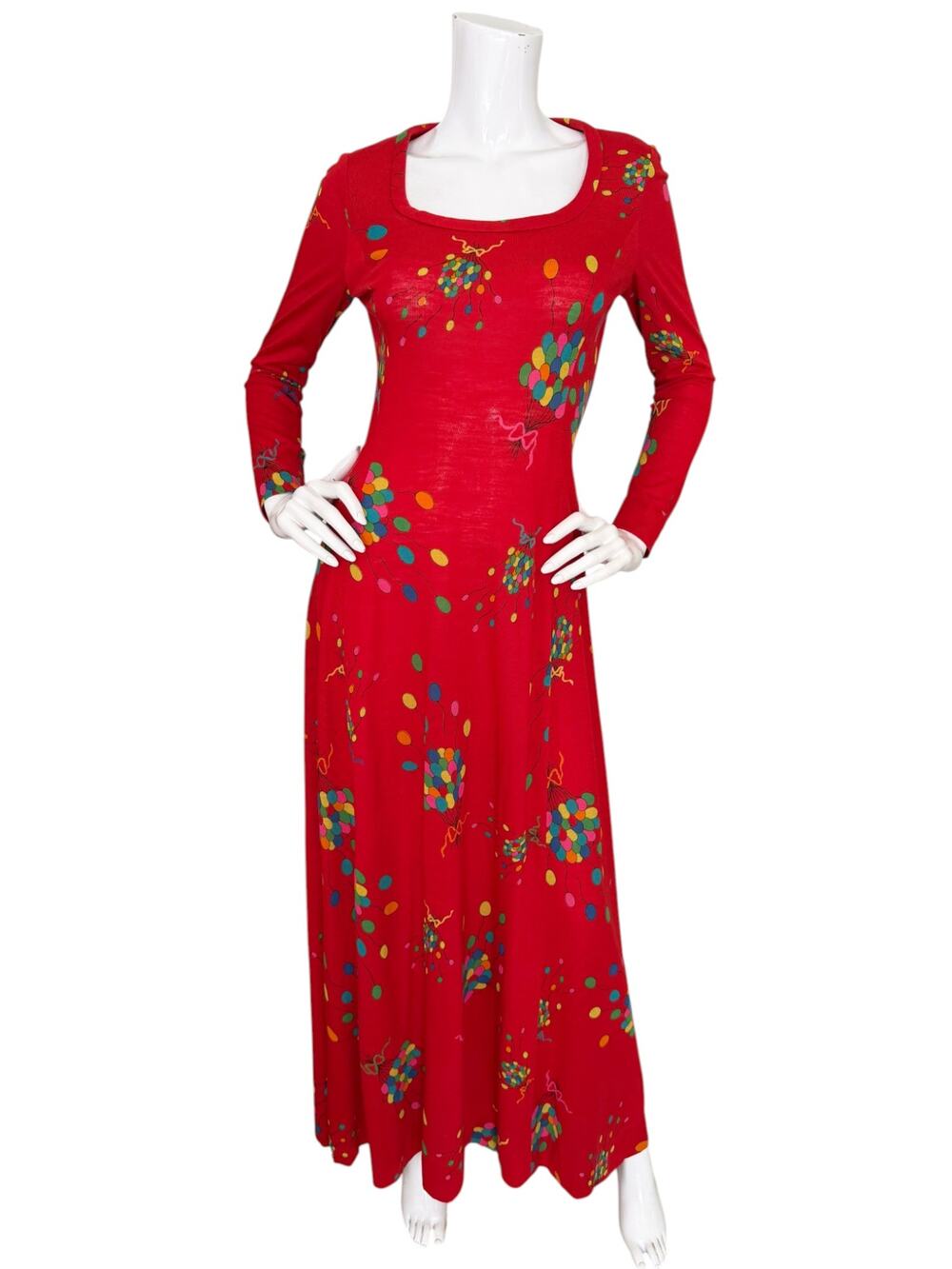 Vintage 70's Papillon Balloon Print Novelty Whimsical Psychedelic Maxi Dress 10